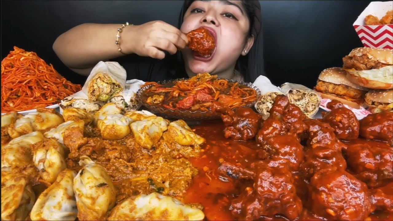 Compilation of Eating spicy gravy momos,chicken lolipop,chicken burger,chowmein,chicken shwarma 