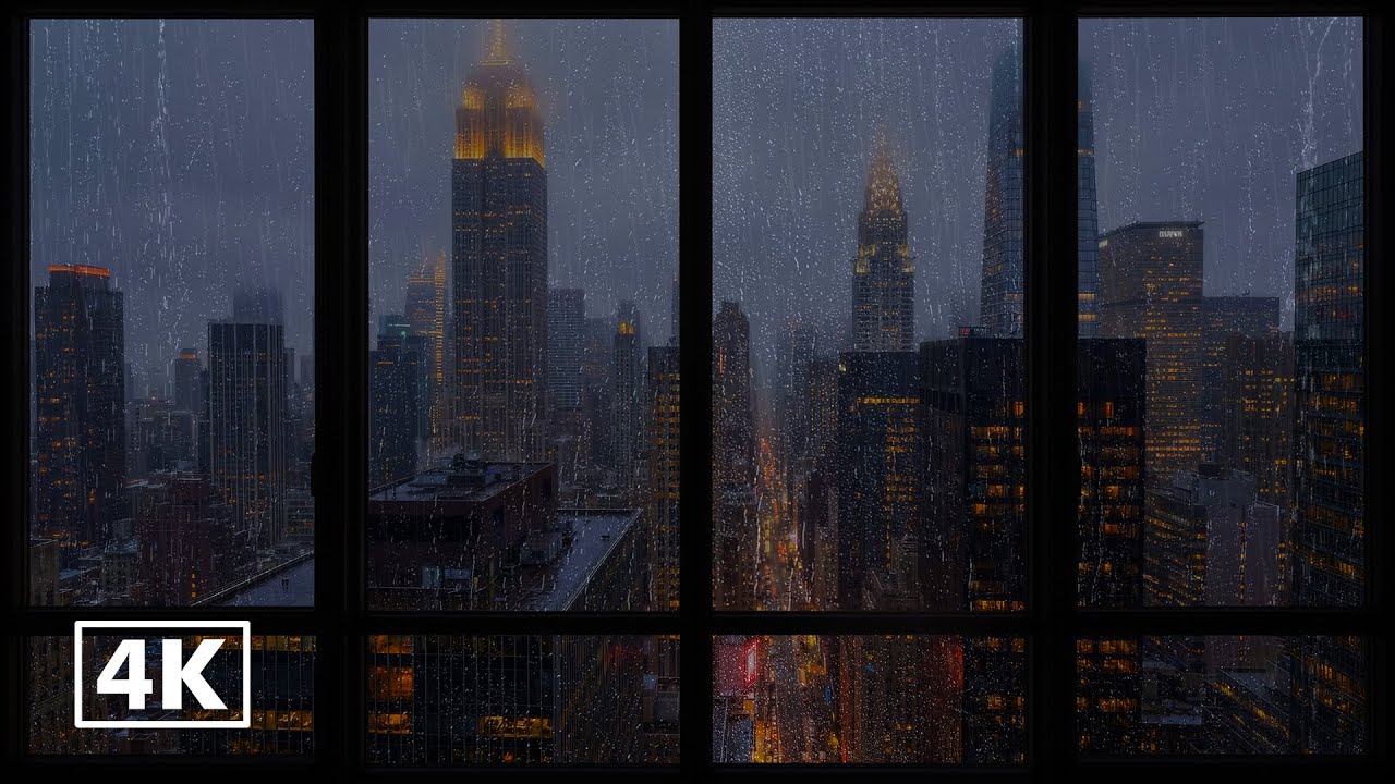 4K Rainy Night New York City Window View 🌧️ Gentle Rain Sounds & Urban Ambience for Sleep & Focus