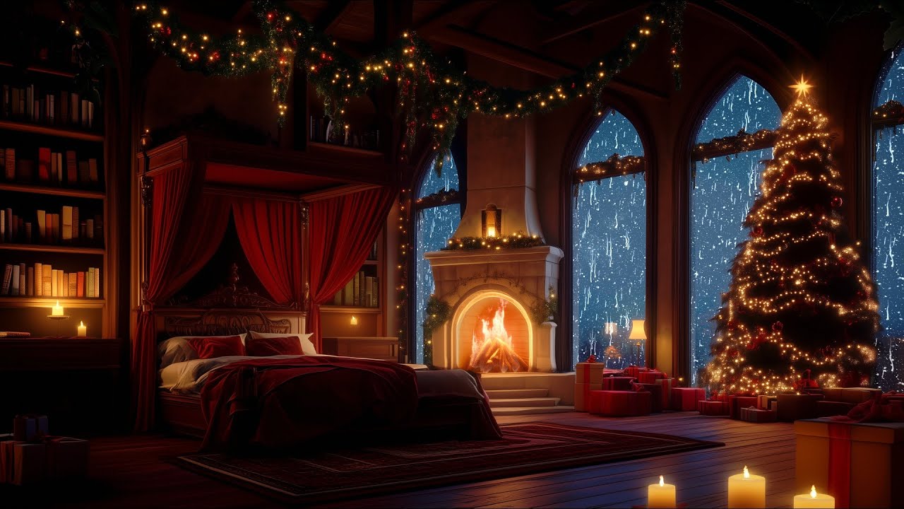 🎄 Christmas | Heavy Thunderstorm in a Cozy and Warm Castle Room with Rain and Fireplace Sounds