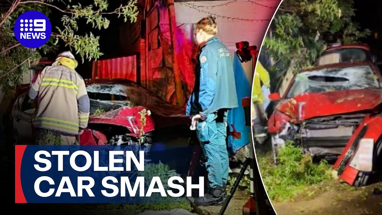 Teen girls seriously injured in allegedly stolen car crash | 9 News Australia