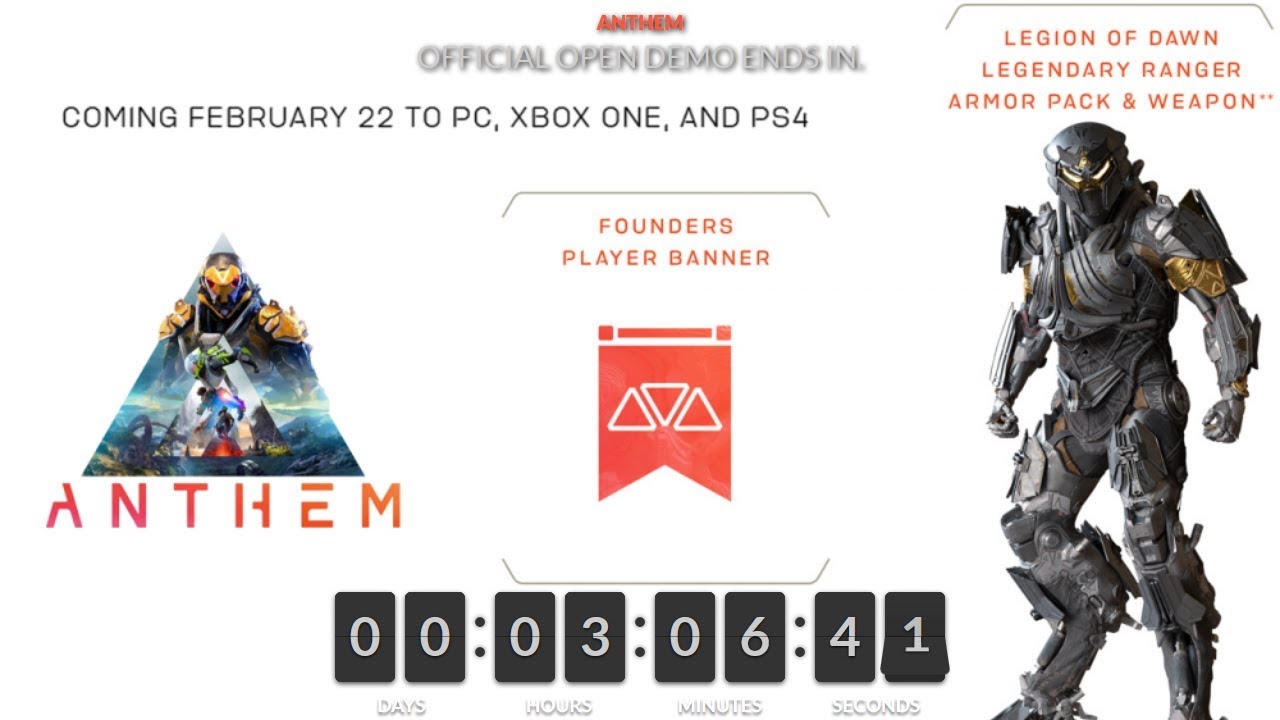 🔴 ANTHEM - OPEN DEMO ENDS IN... TIMER/COUNTDOWN W/ OST MUSIC - PC/PS4/XBOX ONE - EU/US 🔴