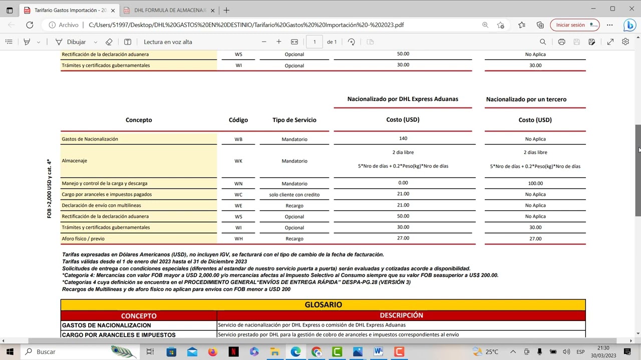 TARIFAS IMPORTACION DHL EXPRESS PERU 2023