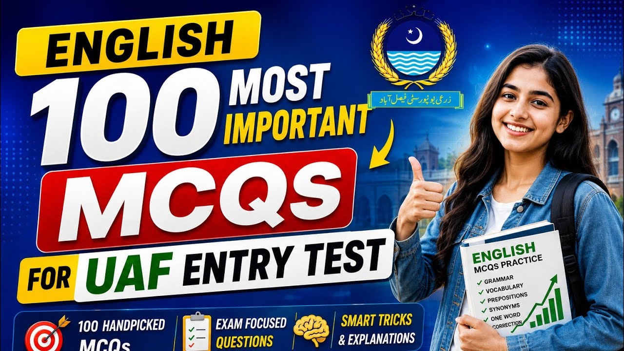 English 100 most important MCQs for UAF entry test 2026 | UAF entry test preparation| UAF Admission 