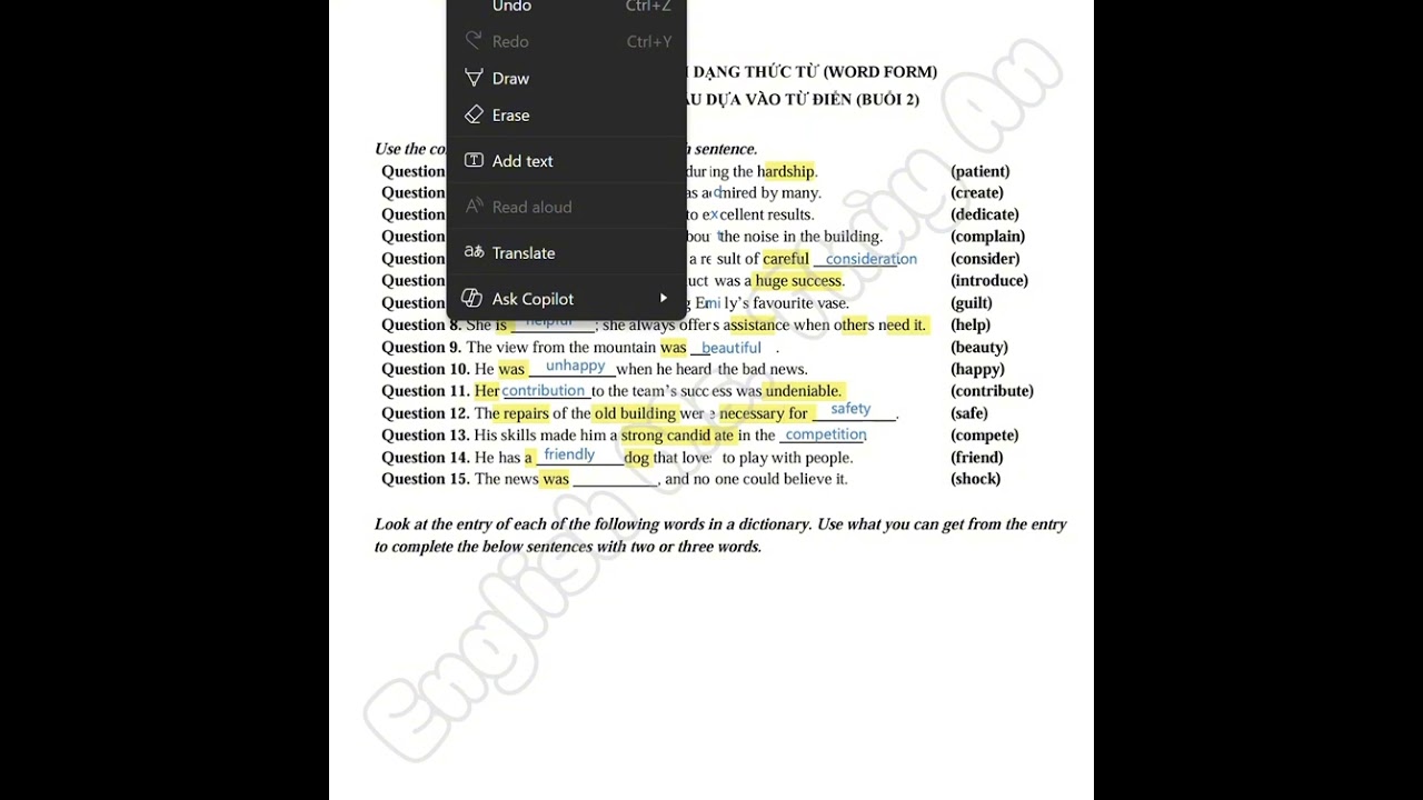Sửa bài tập “Word form và điền từ vào câu dựa vào từ điển” - Ôn thi tuyển sinh vào lớp 10 - Buổi 2 🩷