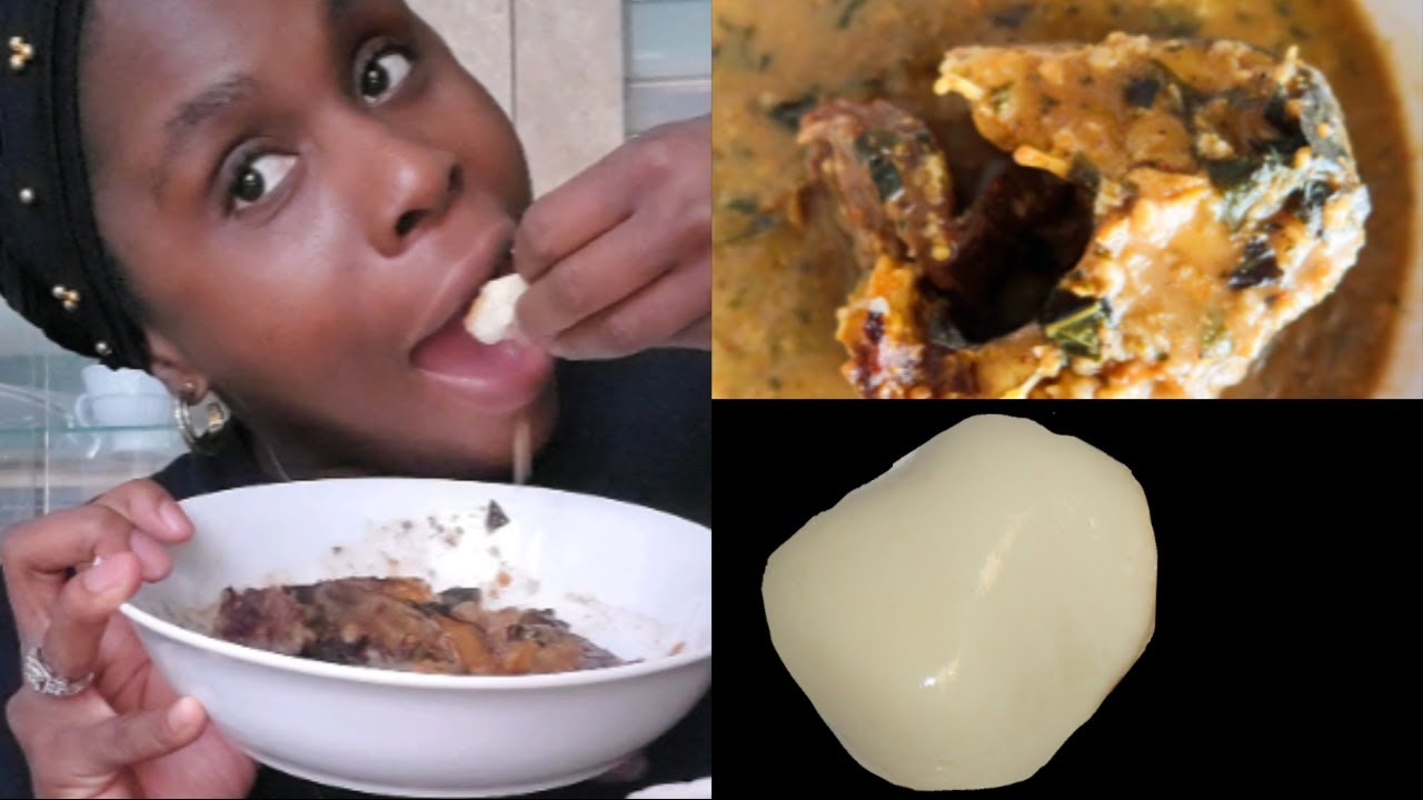 AFRICAN NIGERIAN FOOD MUKBANG, FUFU POUNDED YAM WITH OFE NSALA (WHITE SOUP) 