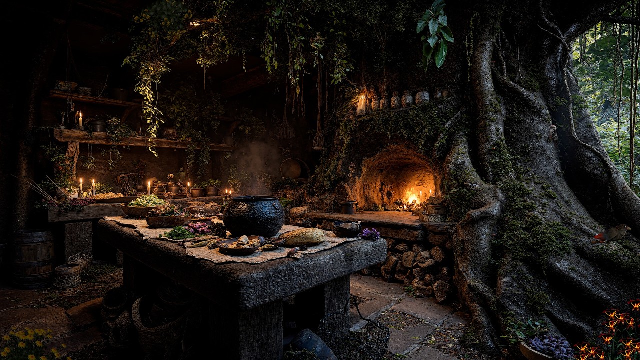 Enchanted Forest Kitchen Witch's – Crackling Fire & Cozy Woodland Ambience