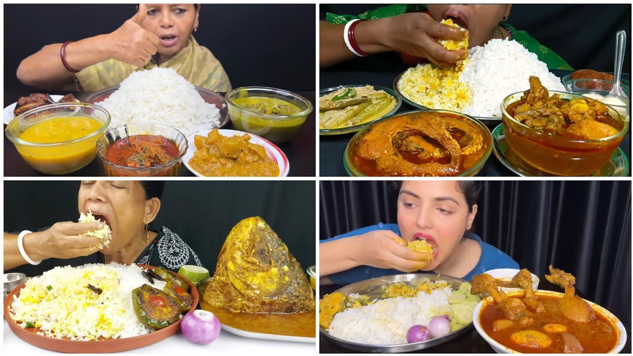 Asmr🤤Eating Spicy Chicken Curry, Sorse  Mach, Posto Chingri, Fasha Macher Jhal, Dal, Begun Vaja & 🍚