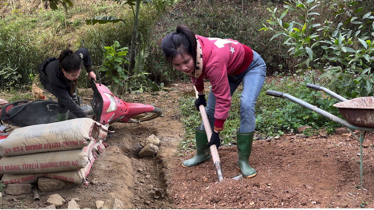 Hong prepares materials to build a pigsty alone
