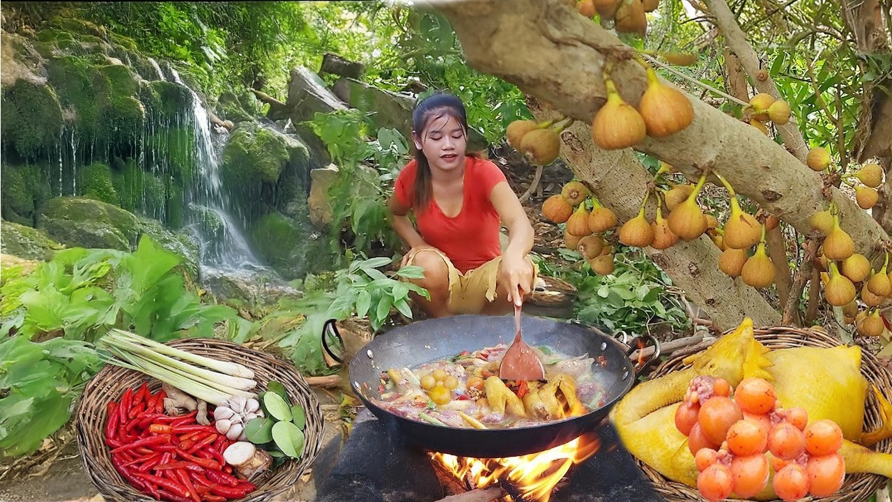 Cooking chicken spicy with special recipe for dinner in forest