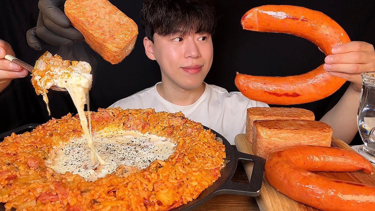 SUB) Корейская еда со сливками, кимчи, жареным рисом, спамом и колбасой из колбасы, мукбанг асмр