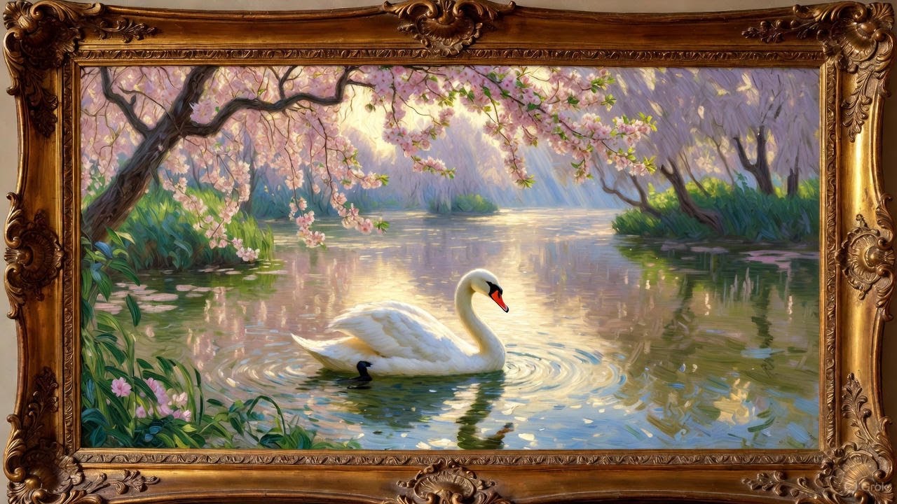 Swan Lake in Spring, Vintage Impressionist Oil Painting | Gold Framed Art Screensaver for TV.