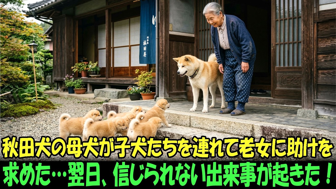 【奇跡の実話】秋田犬の母犬が子犬たちを連れて老女に助けを求めた…翌日、信じられない出来事が起きた！