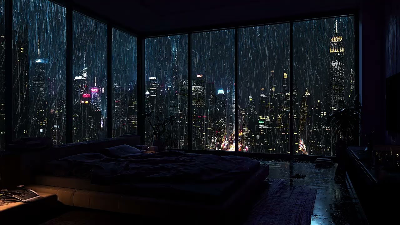 Rain Falling Over the City Skyline 🌧️ Dark Bedroom Night Ambience for Deep Sleep and Relaxation