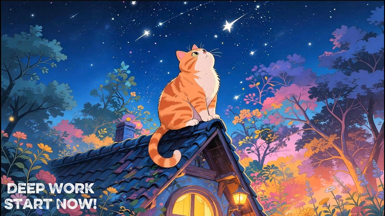 Starlit Rooftop Cat — Relaxing Ambient Music for Focus, Study & Yoga (No Vocals) #lofi #studymusic