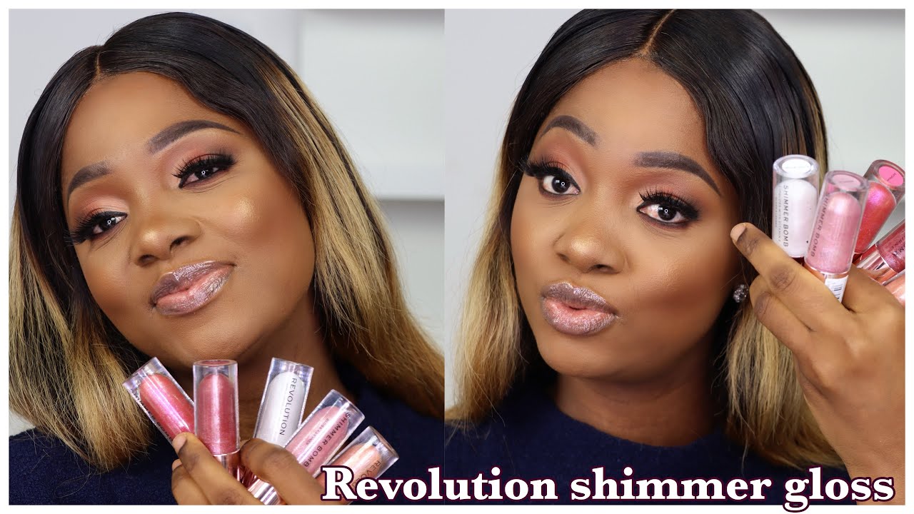 NEW REVOLUTION SHIMMER BOMB LIPGLOSS ON DARK SKIN /SWATCHES