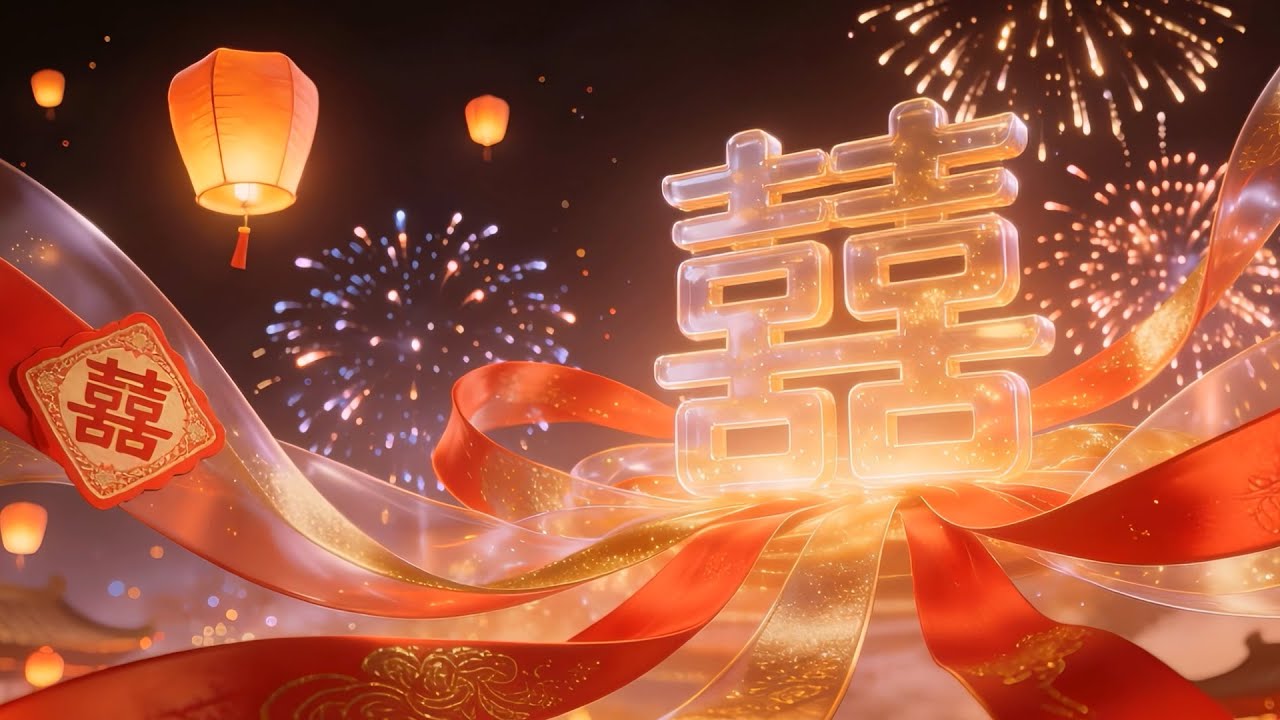 可商用视频素材｜喜庆红绸灯笼烟花中式婚礼舞台背景 #视频素材 #led背景视频素材 #婚礼 #婚庆 #中式婚礼