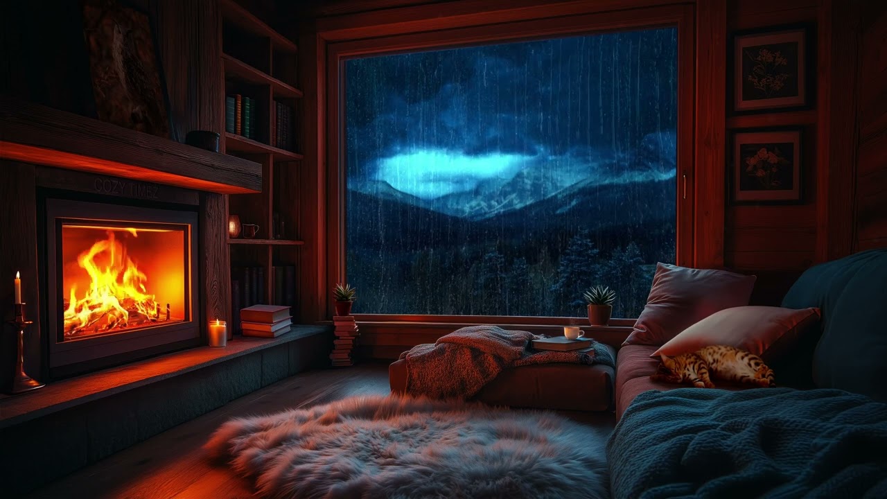 Heavy Rain & Crackling Fireplace | Cozy Cabin, Sleeping Cat & Warm Coffee