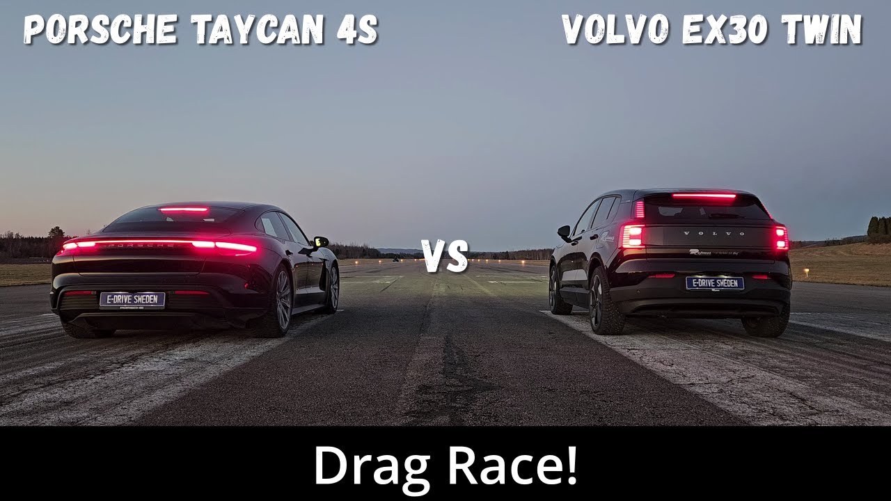 2024 Volvo EX30 Twin Motor Performance 428hp vs 2024 Porsche Taycan 4S 571hp | Drag Race | 4K