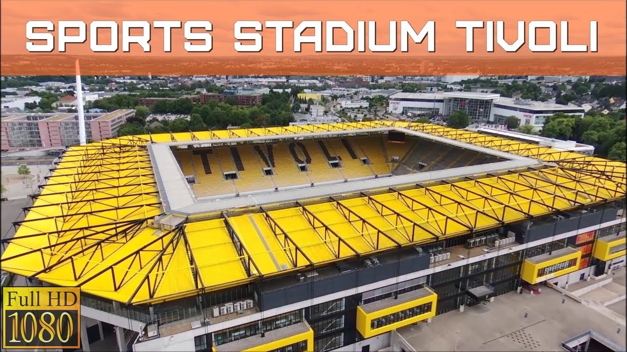 SPORTS STADIUM (TIVOLI) IN AACHEN (GERMANY) FROM ABOVE, DRONE FLIGHT VIDEO