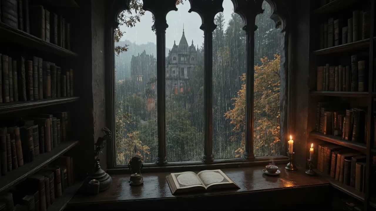 Being Alone in a 19th Gothic Library by the Window | Rainy Day Ambience | Dark Academia Piano