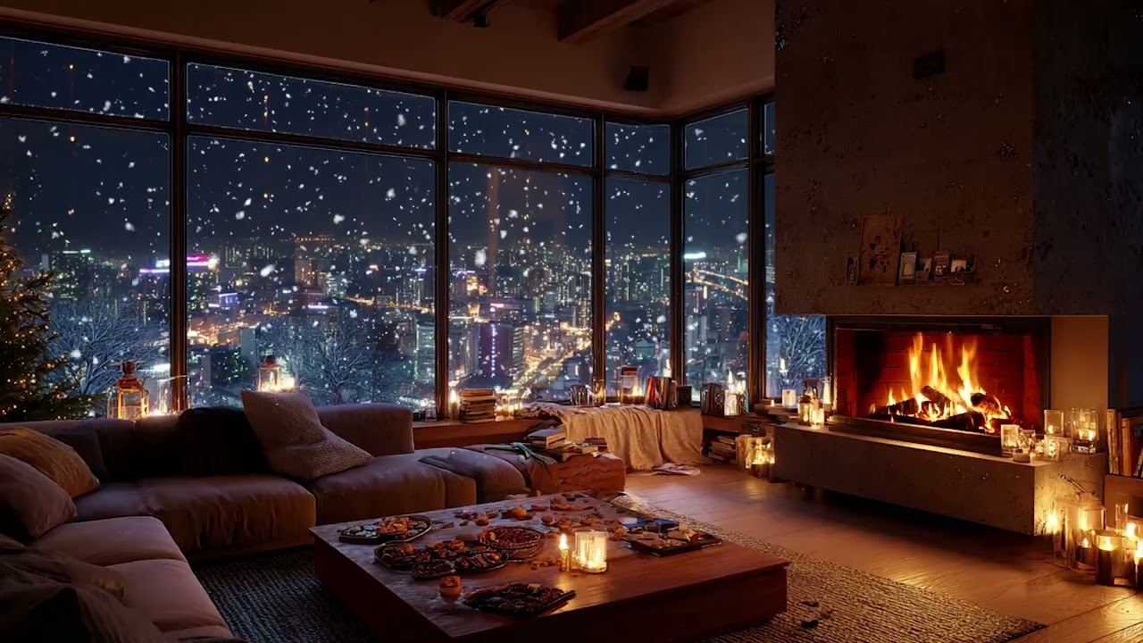 Tranquil Snowy Cabin Night Piano | Warm Fireplace Light for Relaxation