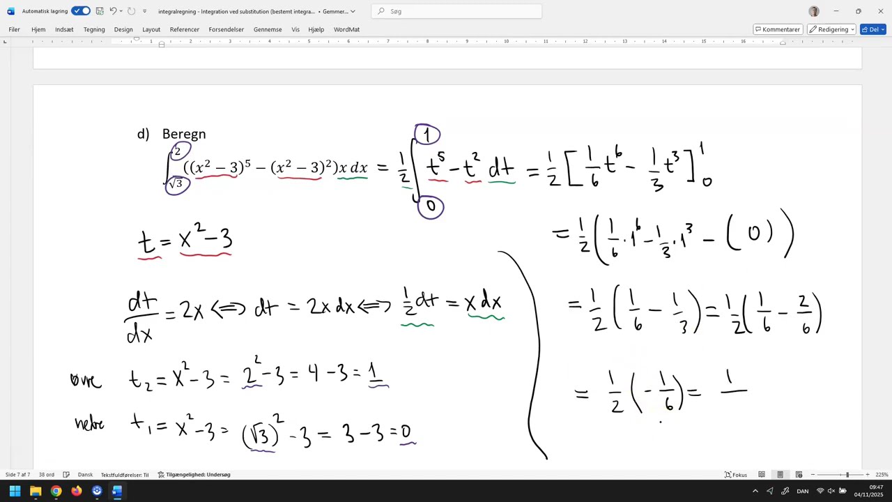 Bestemte integraler med substitution (5 opgaver løses)