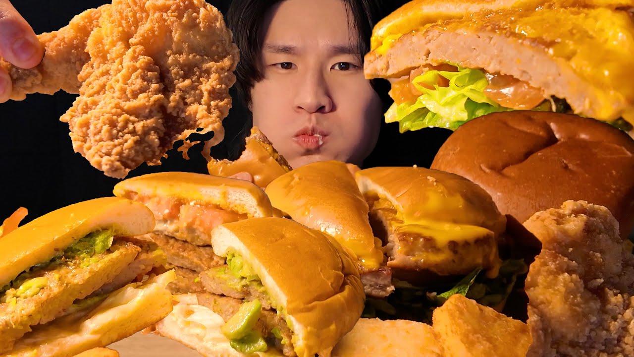 SUB) 🍔Все гамбургеры премиум-класса собраны! Самый дорогой бургер и курица в Мосбирже Mukbang ASMR