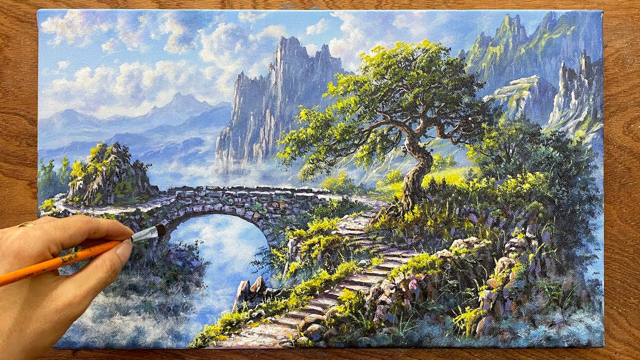 How to draw a stone bridge on a mountain #19 / Landscape painting of rocky mountains / A Lu Art.