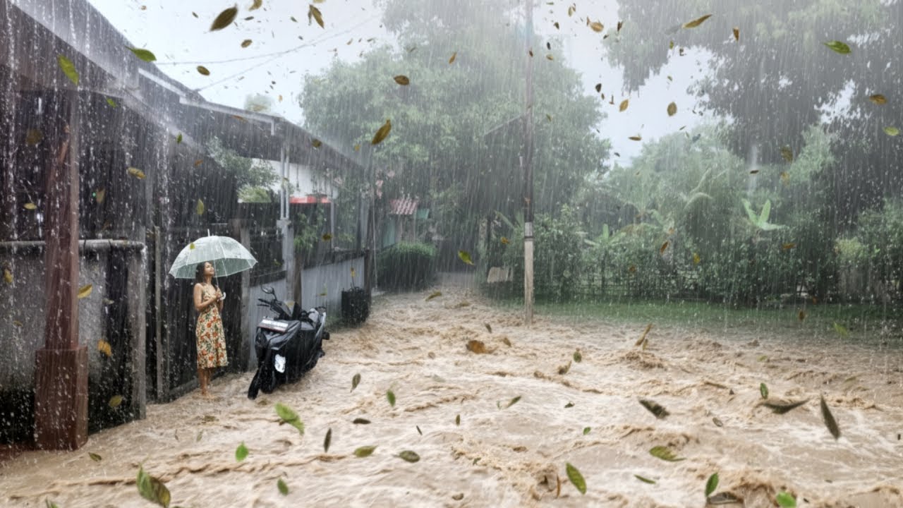 Прогулка по деревне во время сильного дождя для сна, глубокий сон с сильным дождем и громом