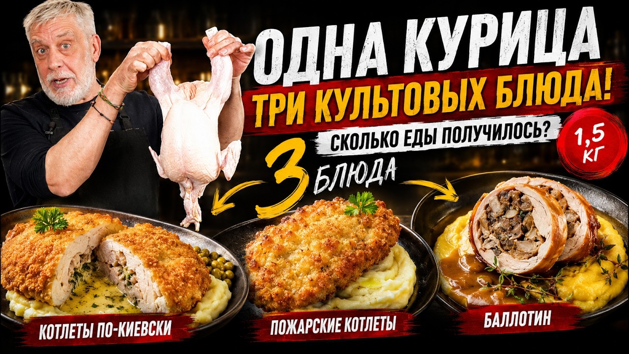 Одна курица - три культовых блюда! Котлеты по-киевски, пожарские и баллотин. Сколько еды получилось?