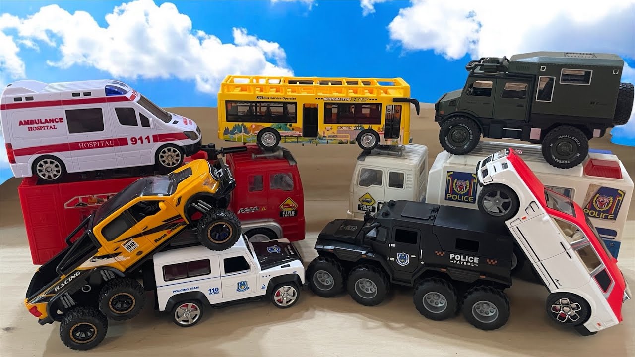 I AM PLAYING TOY CARS ON A NEW TRACK WITH POLICE CAR, FIRE TRUCK, AMBULANCE, EXCAVATOR AND TAYO BUS