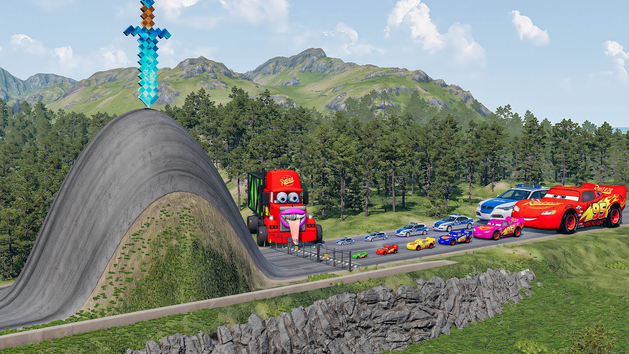 Big & Small McQueen & Police Car vs Zombie Mack, Giant Bulge & Giant Sword &ndash; BeamNG drive