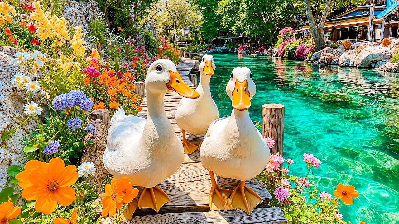 Очаровательные уточки у кристально чистой реки в саду 🌸 Спокойная природа, которая расслабит ваш ...