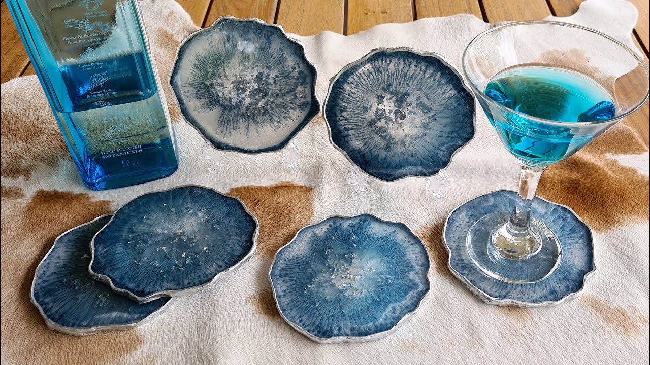 #895 Blue And Silver Geode Resin Coasters Using My Home Made Silicone Mold