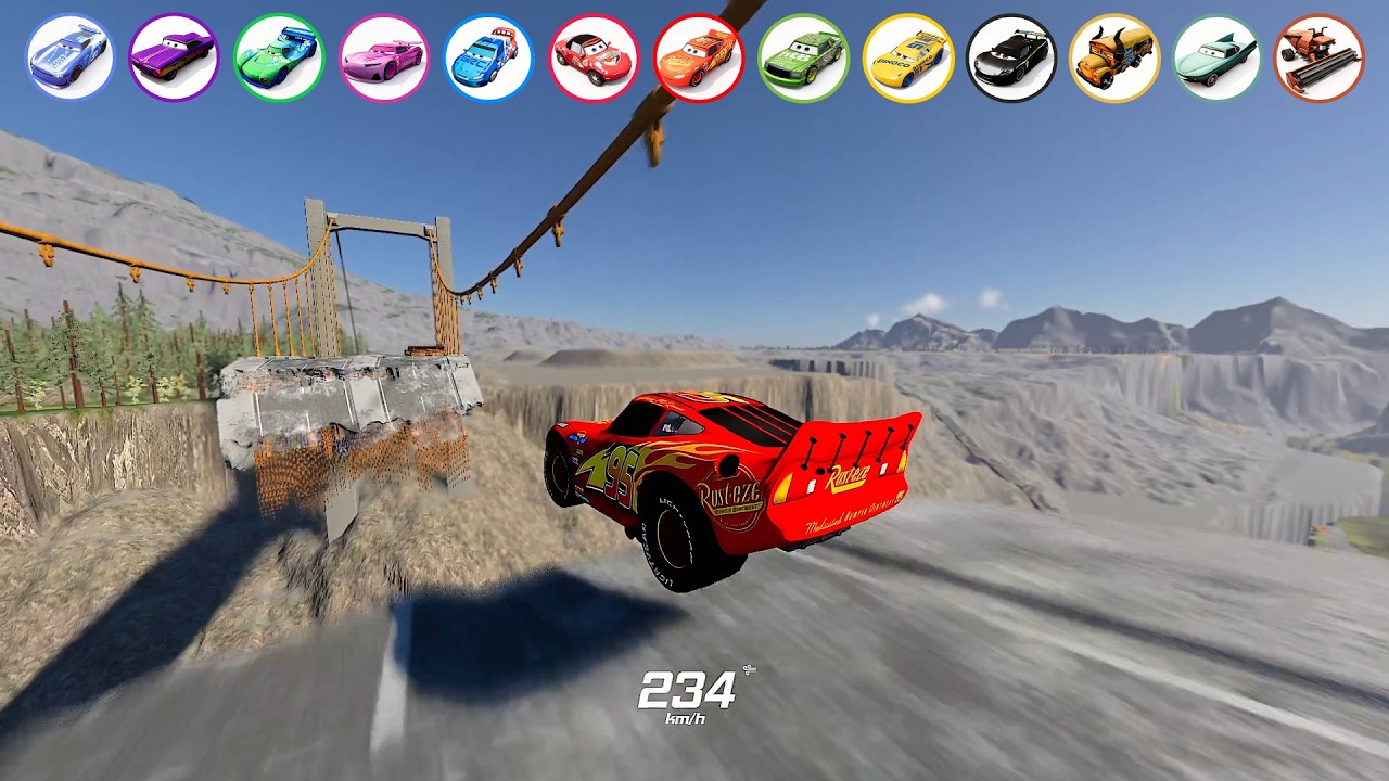 💀 Pixar Cars vs Broken Bridge Challenge &mdash; Who can survive? 😱| BeamNG.Drive 🏎️🚘#beamng #beamngdrive