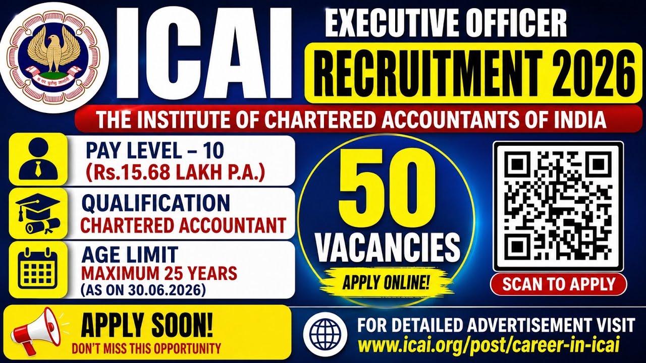 ICAI Executive Officer Recruitment 2026 | ₹15.68 Lakh Salary 💥 50 Vacancies | CA Freshers Apply Now!