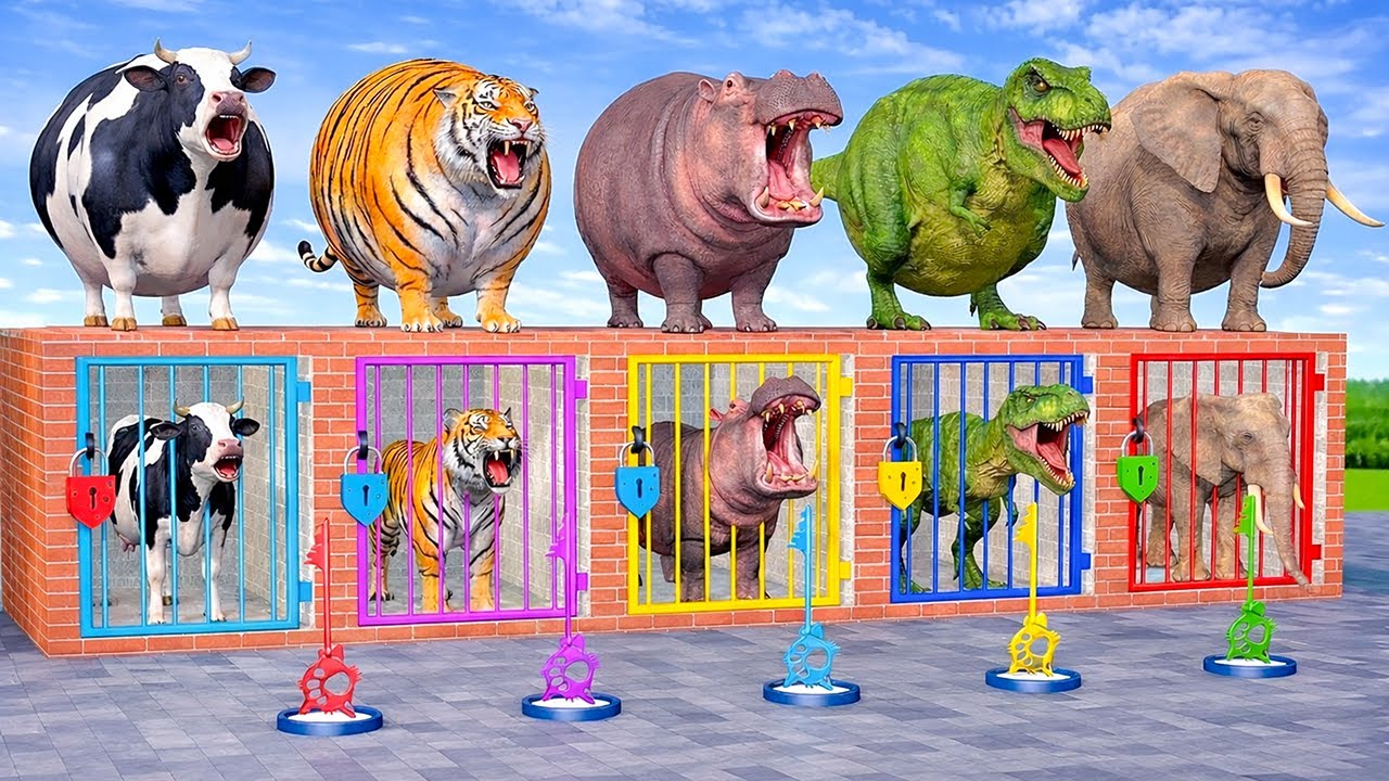 Long Slide Game With Cow Elephant Gorilla Hippopotamus Tiger - 3d Animal Game - Funny 3d Animals