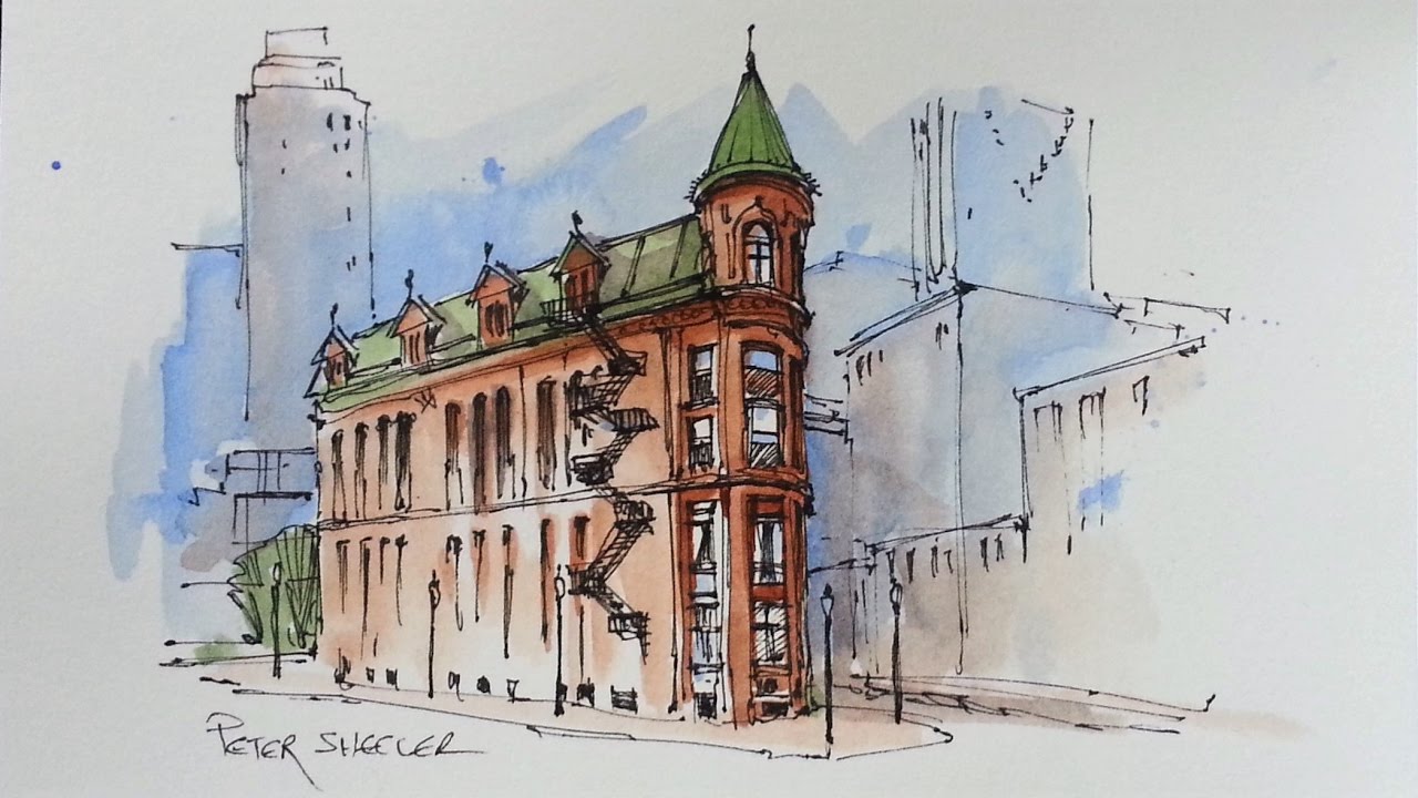 Line and Wash Watercolor Demonstration. Flatiron Building. Just 3 colors. Peter Sheeler
