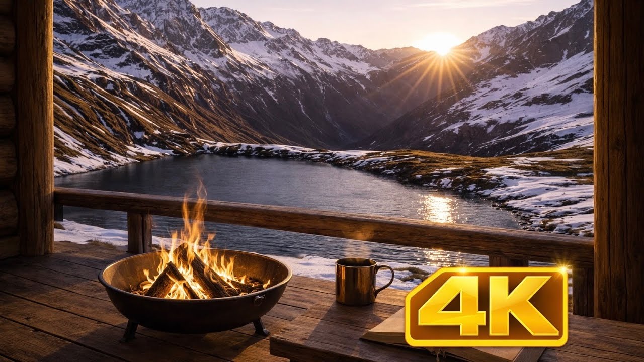 Cozy Campfire with Mountain View 🔥 Sunrise Lake Ambience for Relax, Study & Sleep