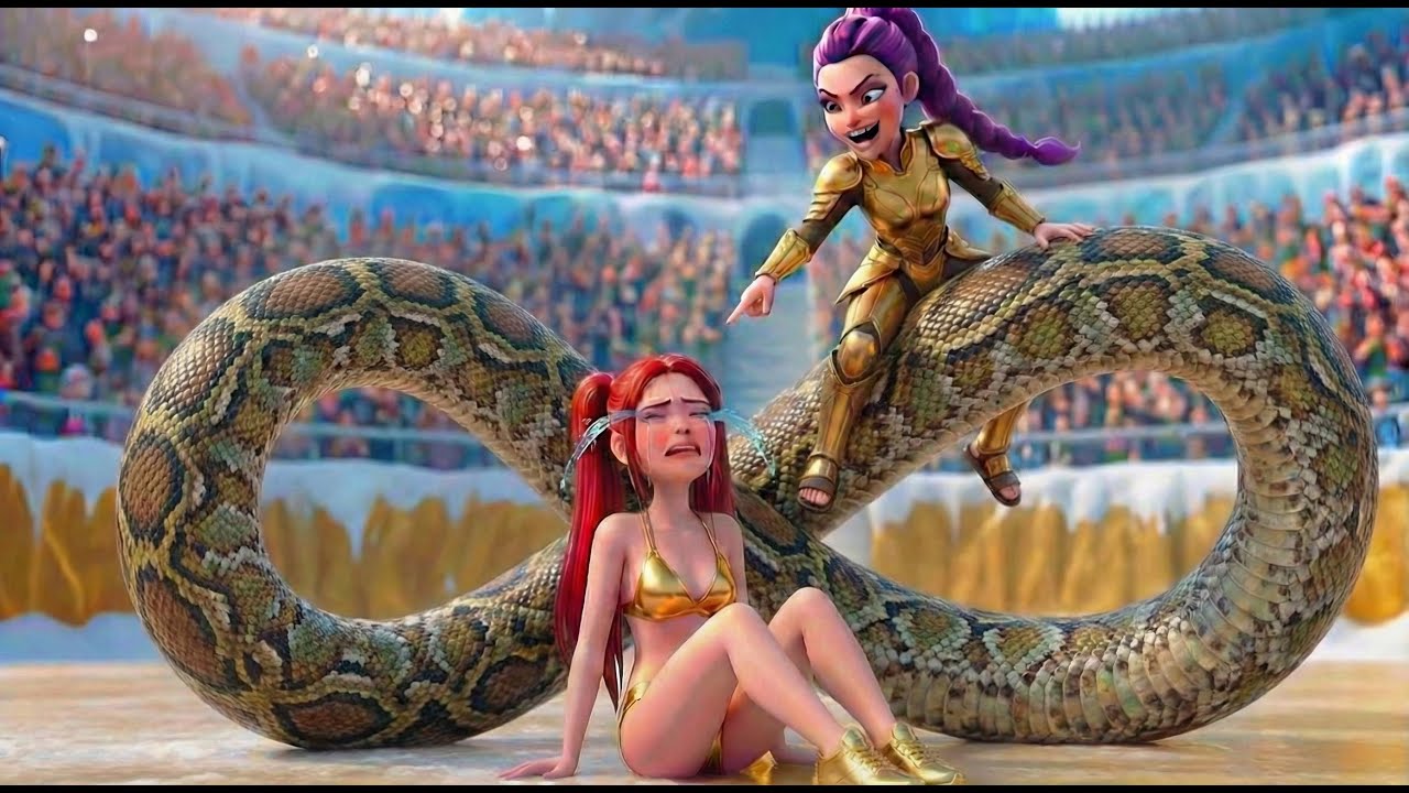 Mira and Rumi in the giant snake race.KPOP Demon Hunters