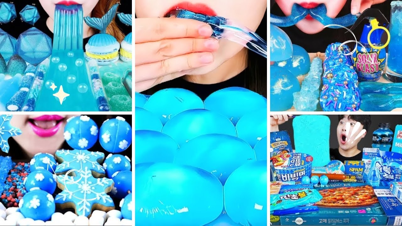 5x SPEED ASMR BLUE FOODS ONLY 🩵 CRYSTAL GLASS CANDY & JELLY NOODLES MUKBANG