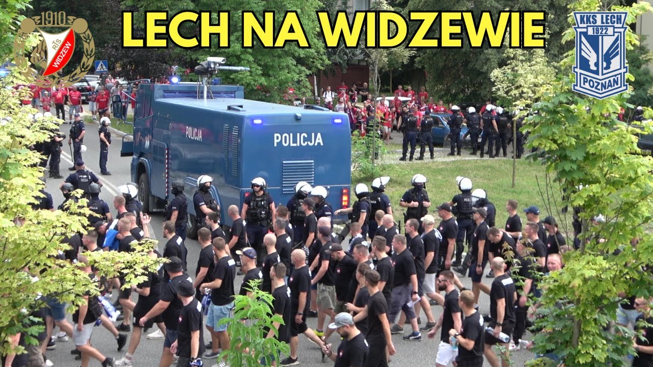 WIDZEW - LECH POZNAŃ 2024:  Przyjazd kibiców Lecha, wymiana uprzejmości, przejazdy i akcja Policji