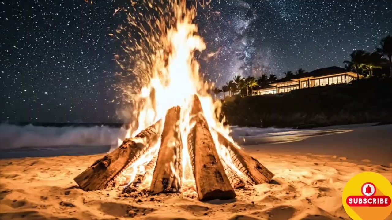 4 Hours of Roaring Beachfront Bonfire at a Luxury Villa | Crackling Fire Ambience for Deep Sleep