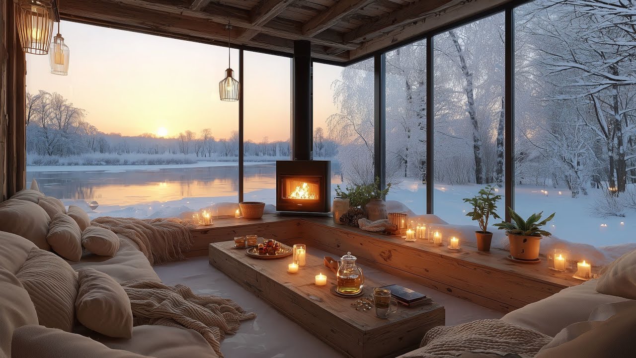Fall Asleep Fast ❄️ Cozy Winter Lake Cabin Piano & Fireplace Sounds