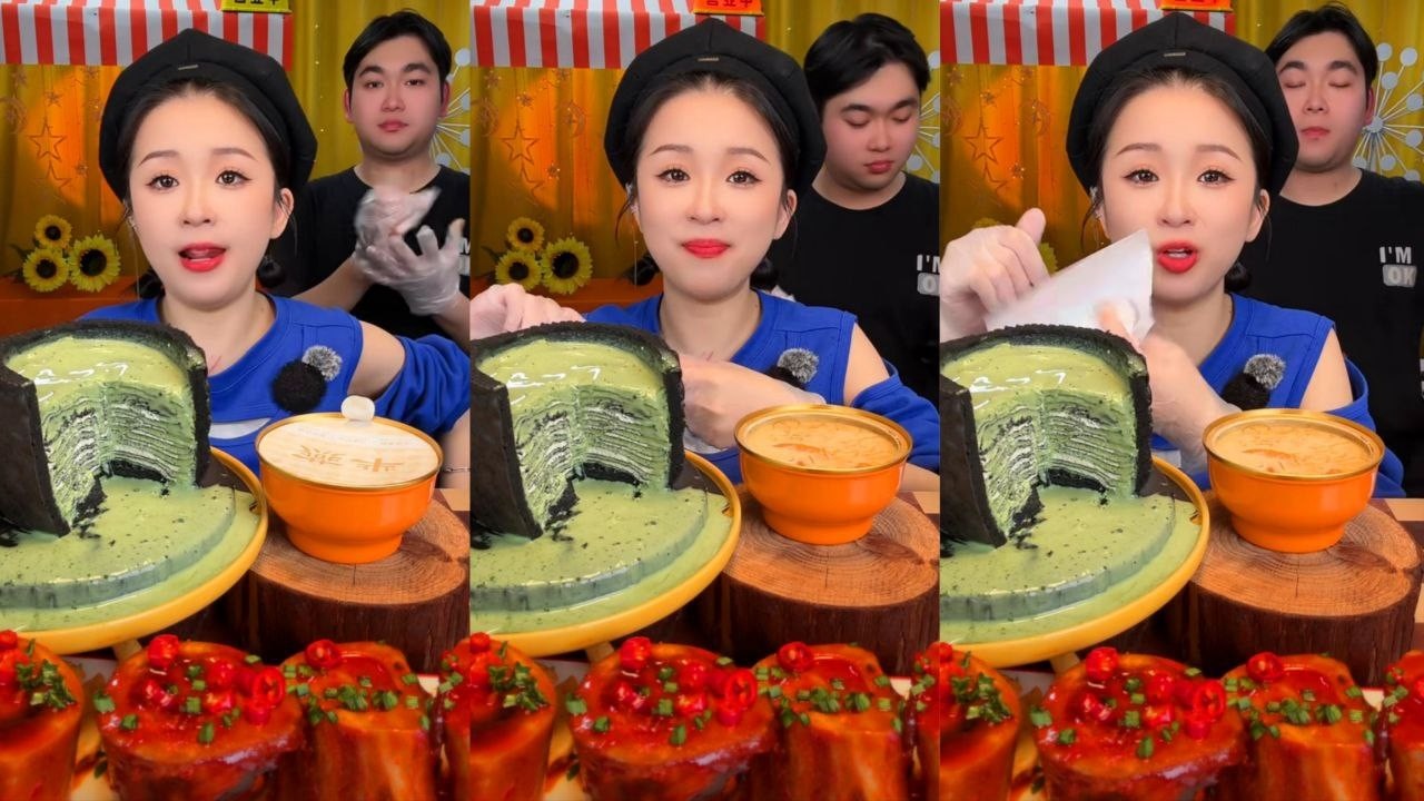 ASMR Eating GIANT Matcha Mille Crepe Cake & Spicy Beef Bone Marrow (MUKBANG)