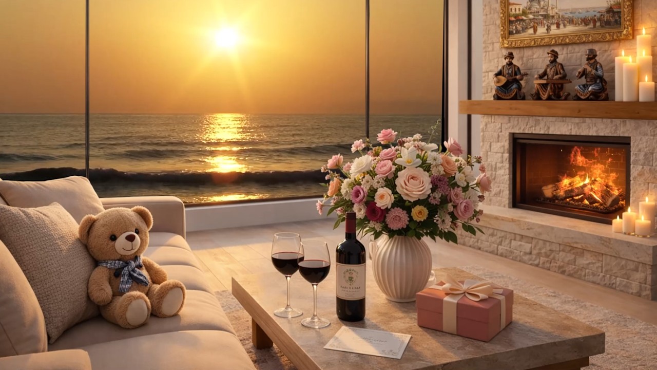 Soft Jazz by the Fireplace 🌸 Golden Hour by the Sea | Relax, Study & Work