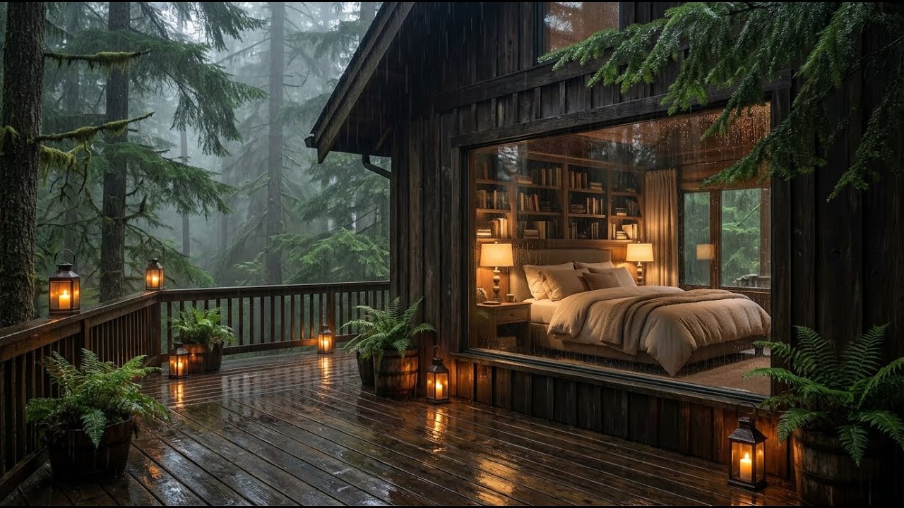 Quiet Mind Rain Rainy Night Felt Piano in Cozy Woods Cabin Deck to Fall Asleep Fast 🌧️✨