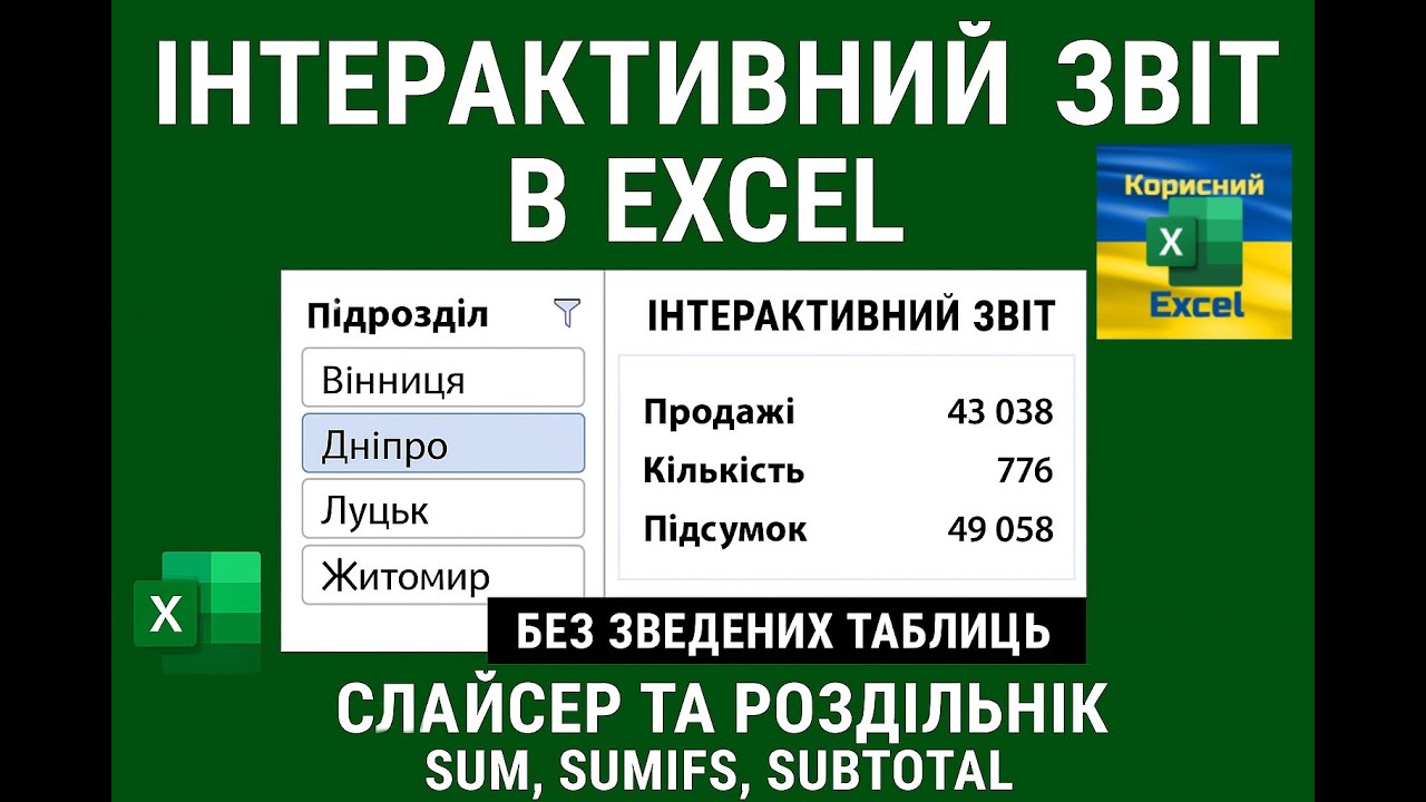 Excel: Інтерактивний звіт без зведених таблиць  Слайсери + SUM, SUMIFS, SUBTOTAL