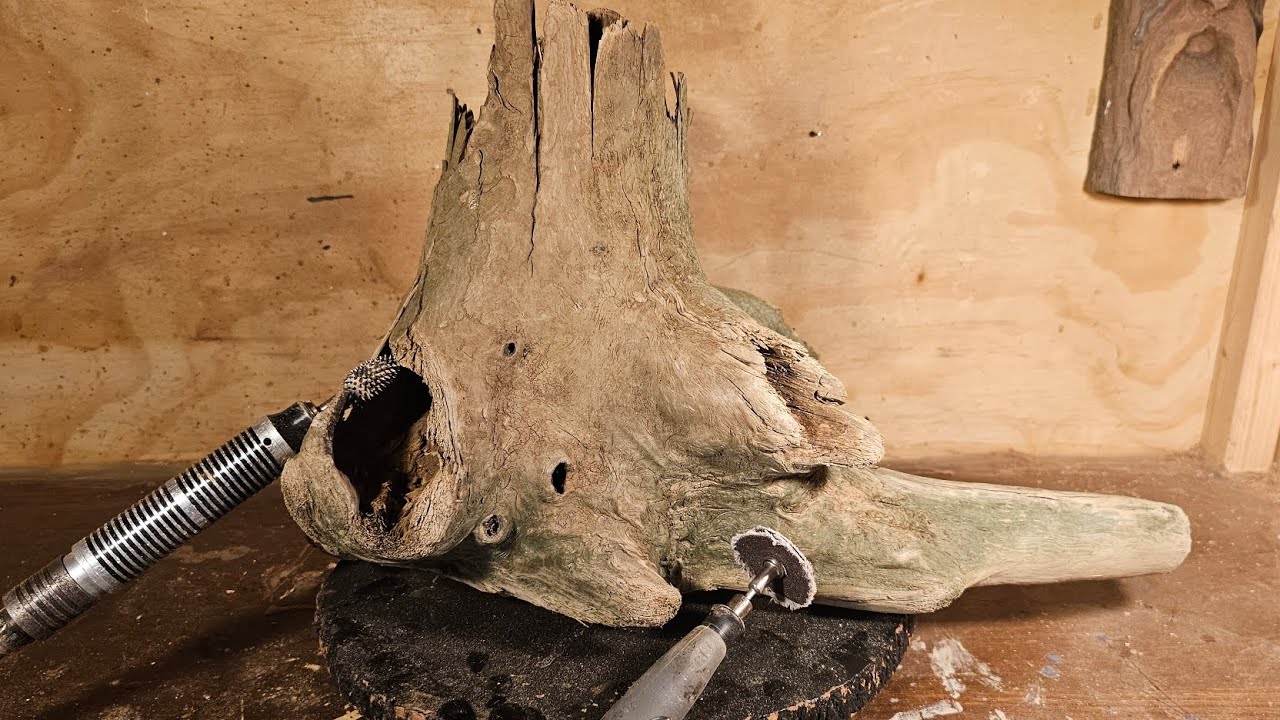 Dremel power wood carving a rotten old root ball I found on the beach.