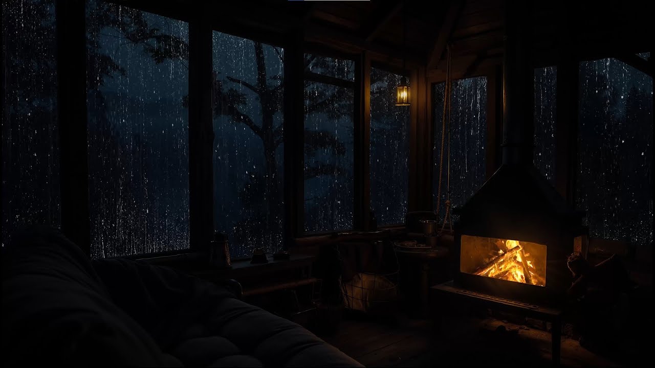Cozy Rain ASMR Night Forest Ambience | Rain and Fireplace for Calm